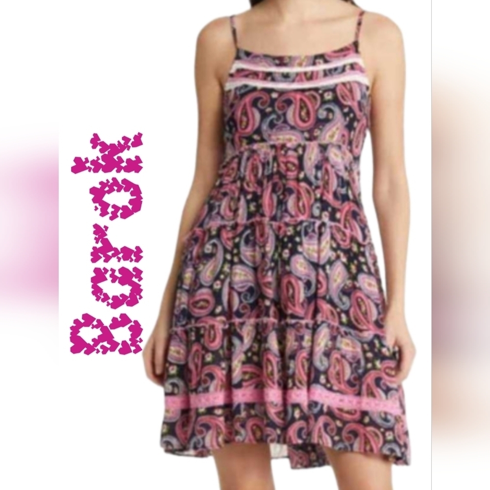 Barok Paris Womens Paisley Tank Mini Dress Sz M Lace Inlay Adjustable Straps